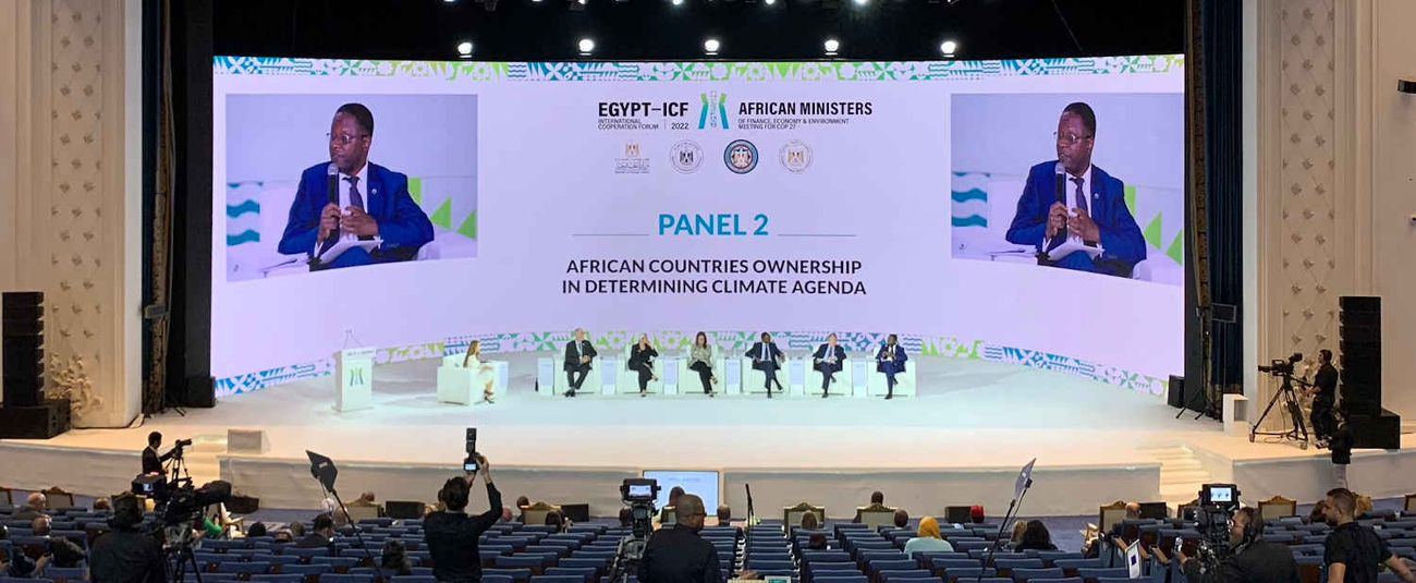 Pr.Kevin Chika Urama, African Development Bank's Acting Chief Economist and Vice President for the Economic Governance and Knowledge Management speaking at the panel "African countries ownership in determining climate agenda" on the sidelines of Egypt International Cooperation Forum (Egypt-ICF 2022).