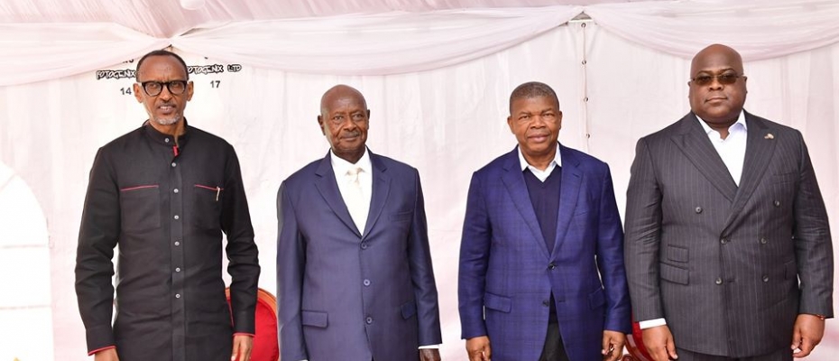 (L-R) Presidents Kagame, Museveni, Lourenco and Tshisekedi during the 4th Quadripartite Summit at Katuna. PPU photo.PPU photo