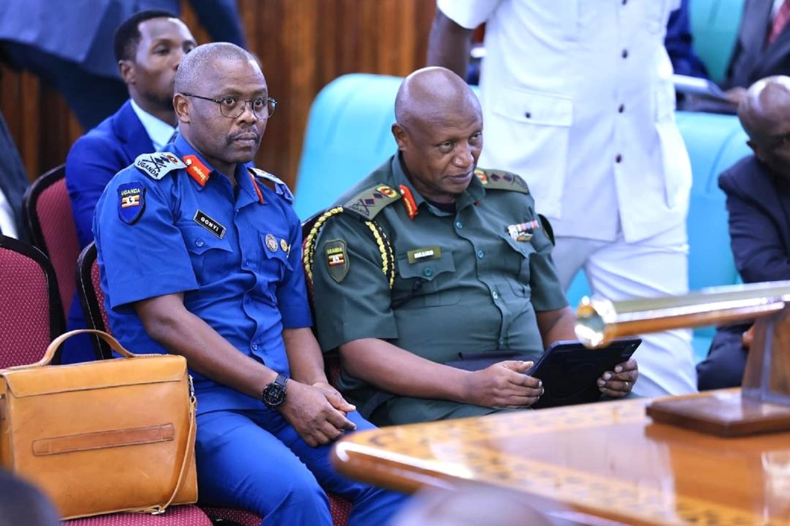 Maj. Gen. Gonyi (L) and Maj. Gen. Masiko, UPDF representatives in the House defended the Gaza deployment
