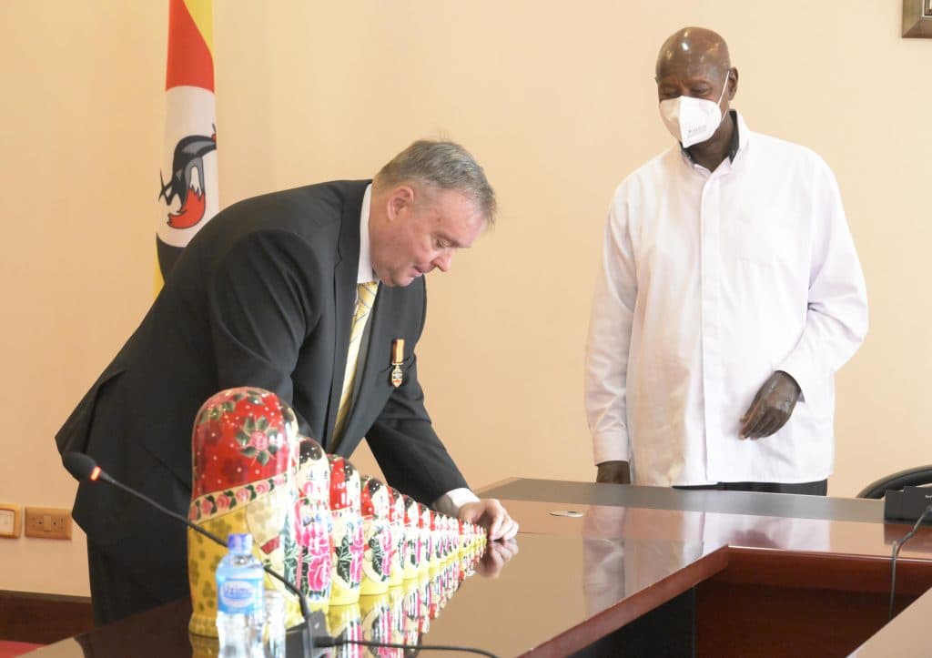 President Museveni Bids Farewell to Ambassador Vladlen Semivolos at State House Entebbe