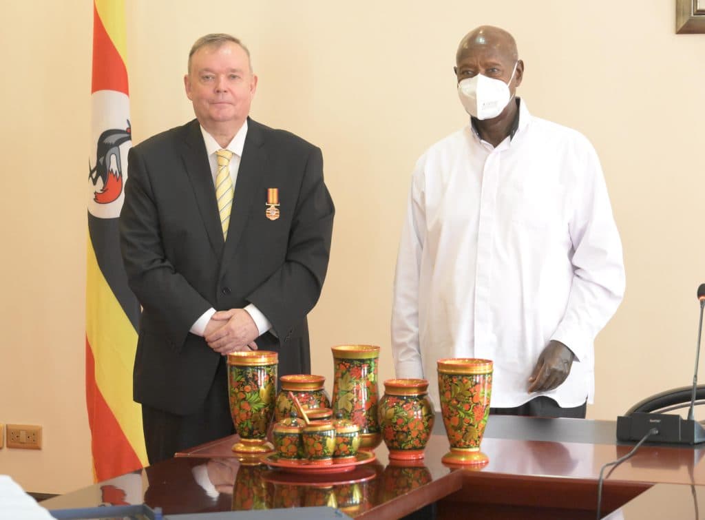 President Museveni Bids Farewell to Ambassador Vladlen Semivolos at State House Entebbe