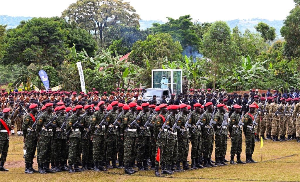 President Museveni inspecting a guard of honour mounted by the armed forces upon his arrival for the International Labour Day 2026 celebrations being held in Buikwe District.