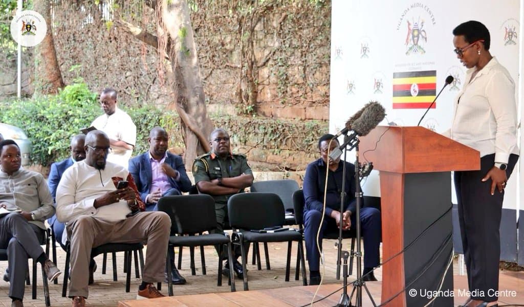 The Permanent Secretary of the Ministry of Health, Dr. Diana Atwine giving an update on Ebola outbreak at Uganda Media Centre.