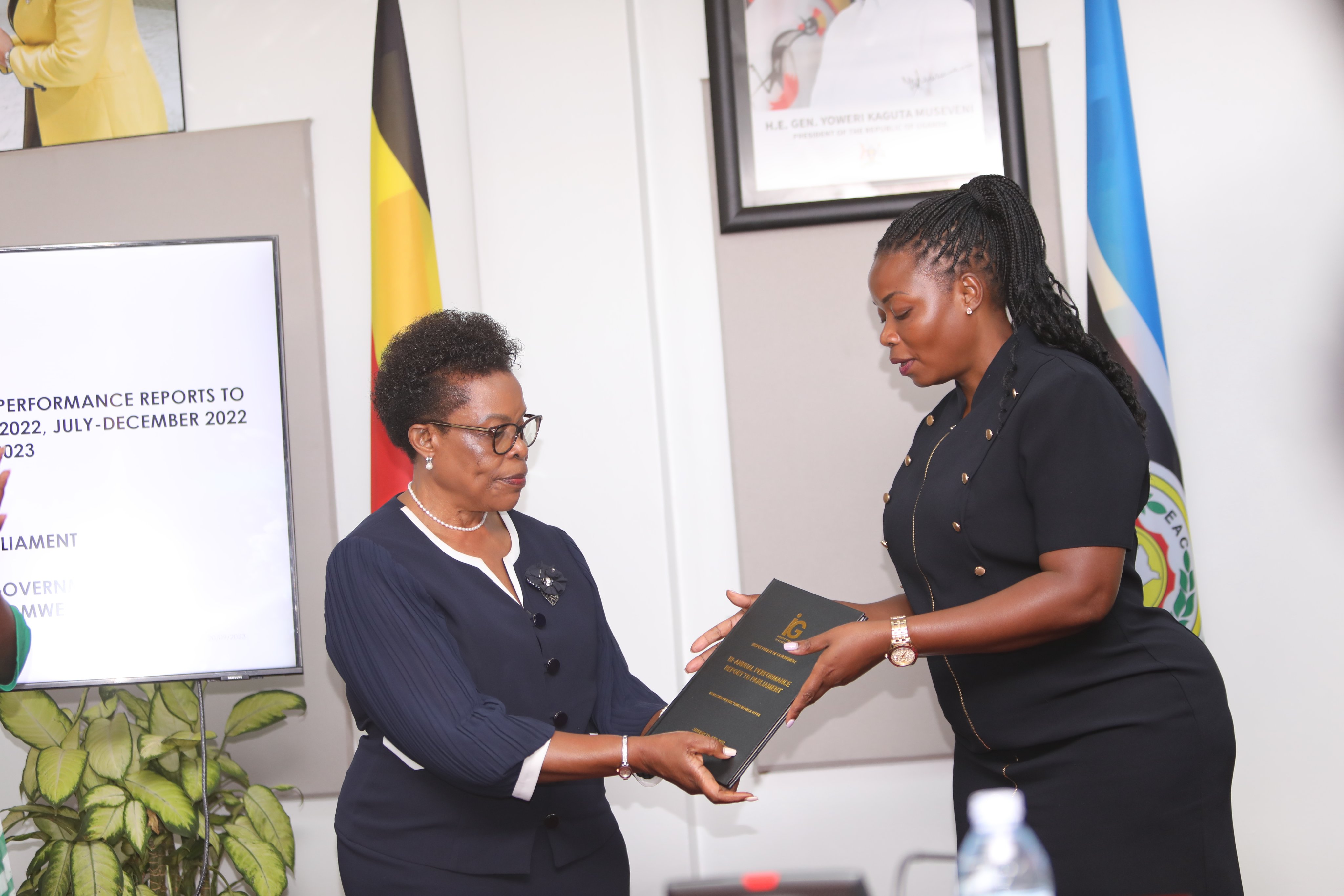 Parliamentary Commissioner, Esther Afoyochan receives bi-annual reports from IGG, Beti Kamya 