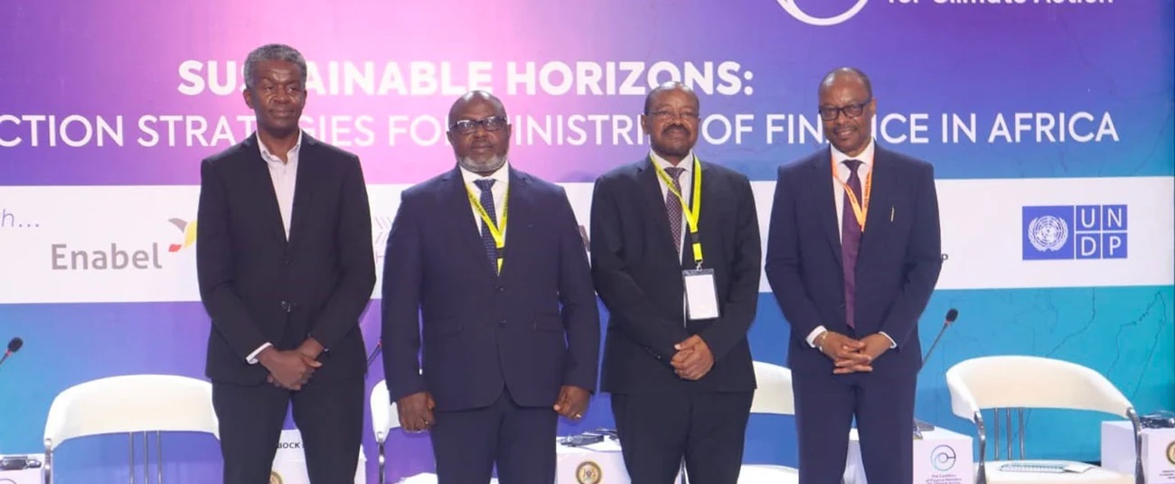 L-R: Mr. Joseph Ng’ang’a, CEO of the Africa Climate Summit, Hon. Bock Kalokh, Minister of Finance for Sierra Leone, Hon. Amos Lugoloobi, Minister of State for Planning, and Prof. Anthony Nyong, Director for Climate Change and Green Growth at the African Development Bank, pose for a photo at the end of the panel session.