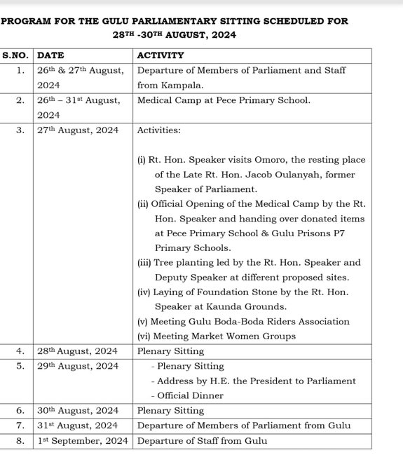 Program for the regional Parliamentary Sitting in Gulu City