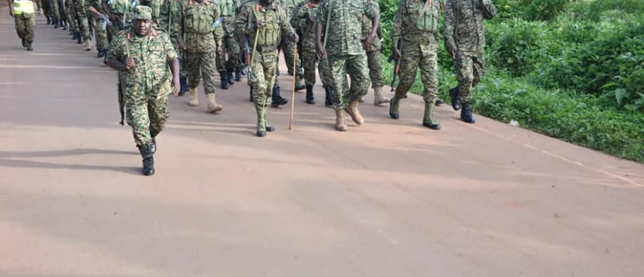 UPDF commanders on a 30 kilometer walk during fitness test. DPU photo