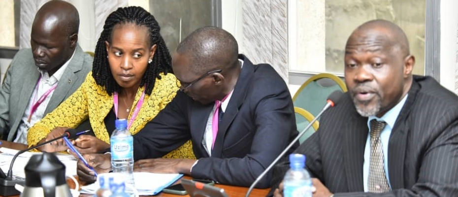 UNBS officials led by the ED, Livingstone Ebiru (R) appearing before the Committee on Trade