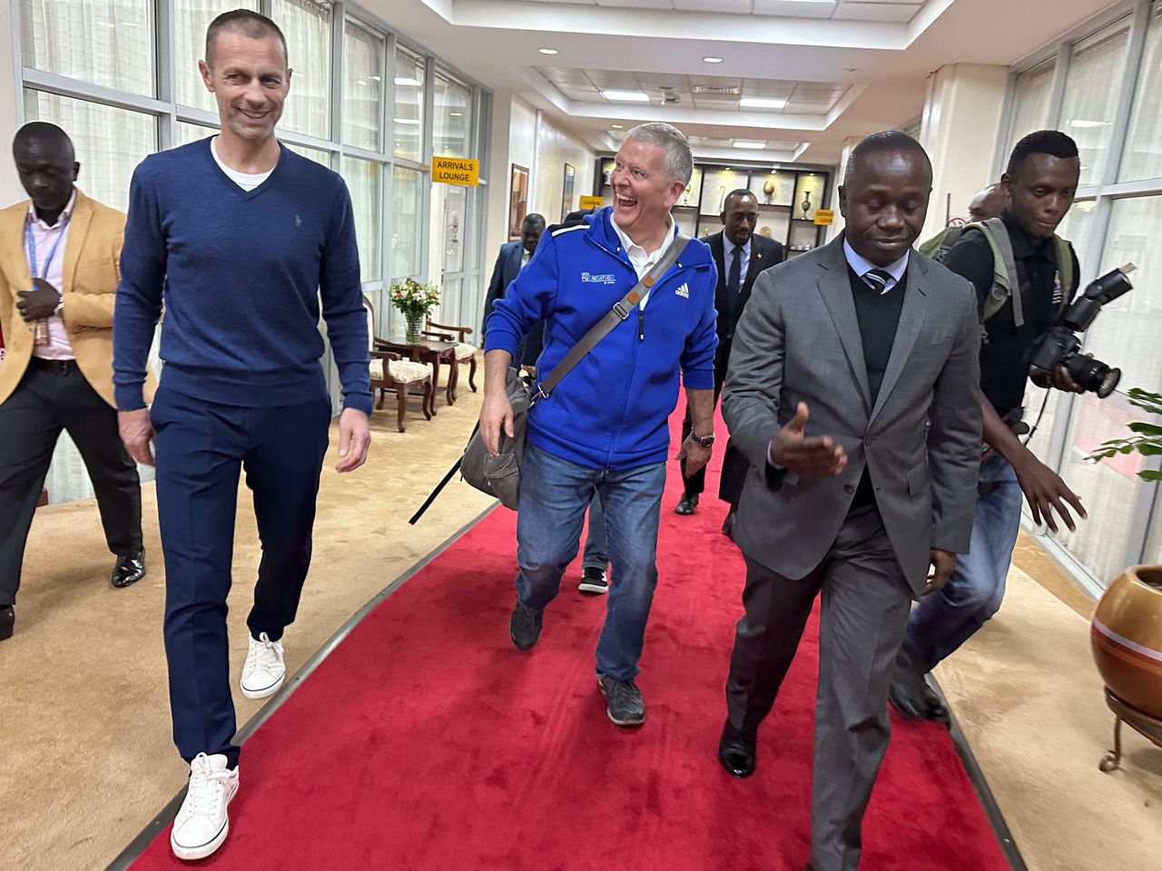Minister Ogwang receives UEFA President Aleksander Čeferin at Entebbe International Airport 
