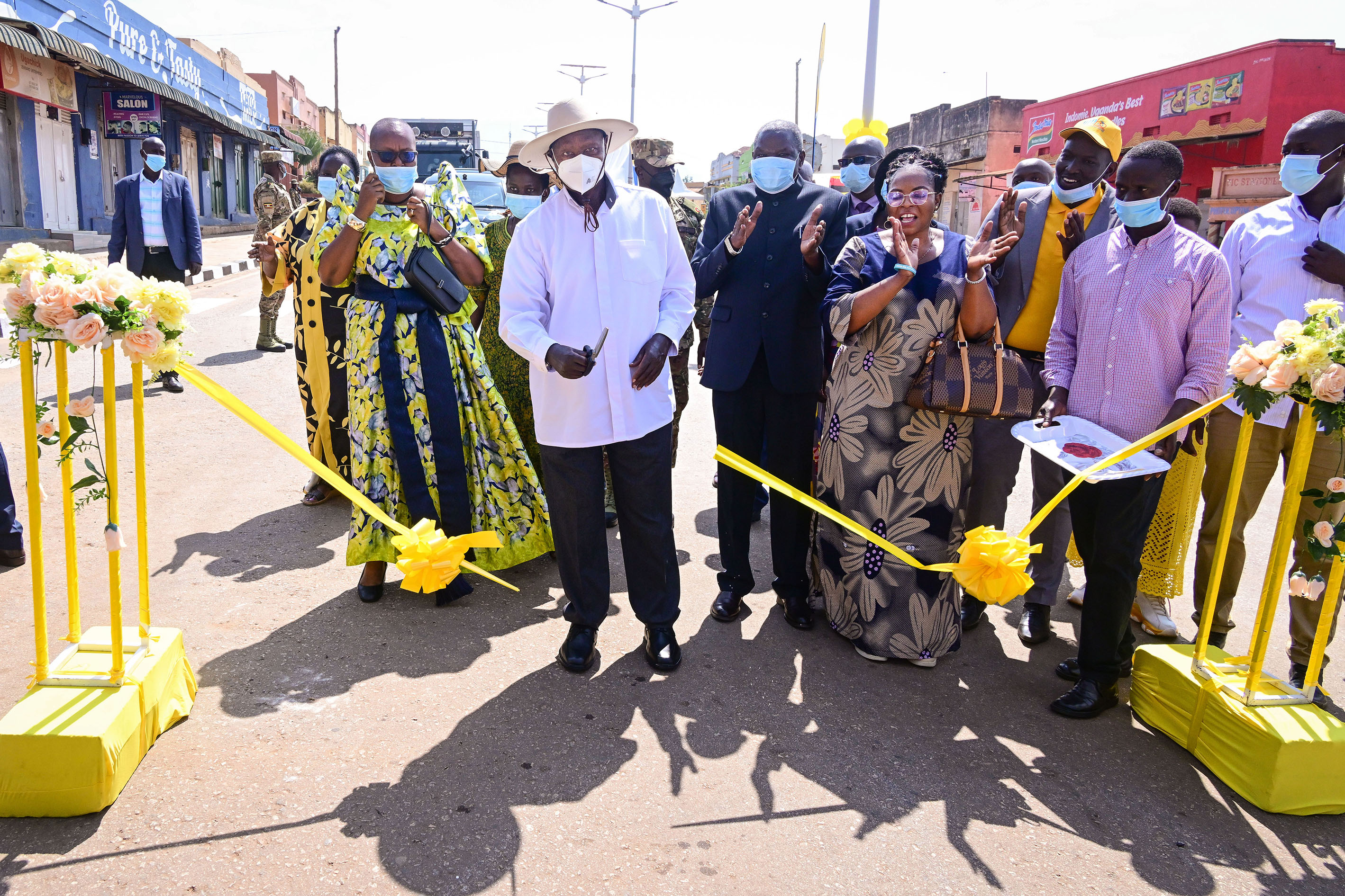 President Museveni accompanied by Ministers Kania Obiga and Persis Namuganza and several political leaders from Mbale tour Naboa street in Mbale City shortly after commissioning the newly 