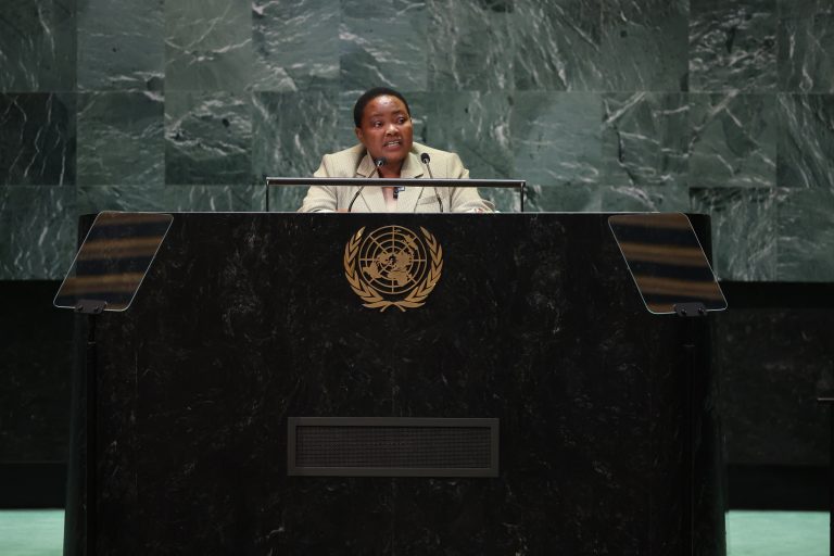 Prime Minister Robinah Nabbanja (left) with Ambasador Adonia Ayebare, the Permanent Representative of Uganda at the United Nations as they walked to the UN Headquarters to deliver the statement