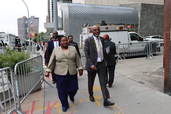 Prime Minister Robinah Nabbanja (left) with Ambasador Adonia Ayebare, the Permanent Representative of Uganda at the United Nations as they walked to the UN Headquarters to deliver the statement